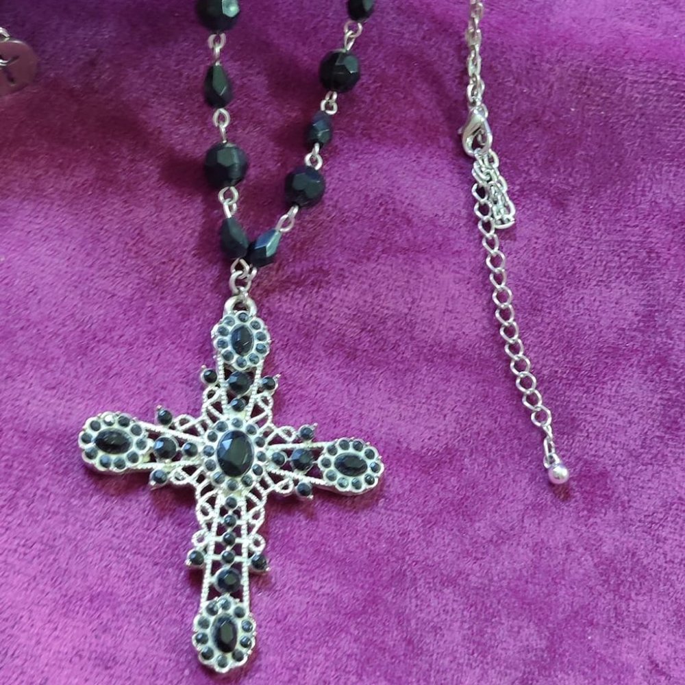 26" Silver Tone Black Beaded Cross Necklace